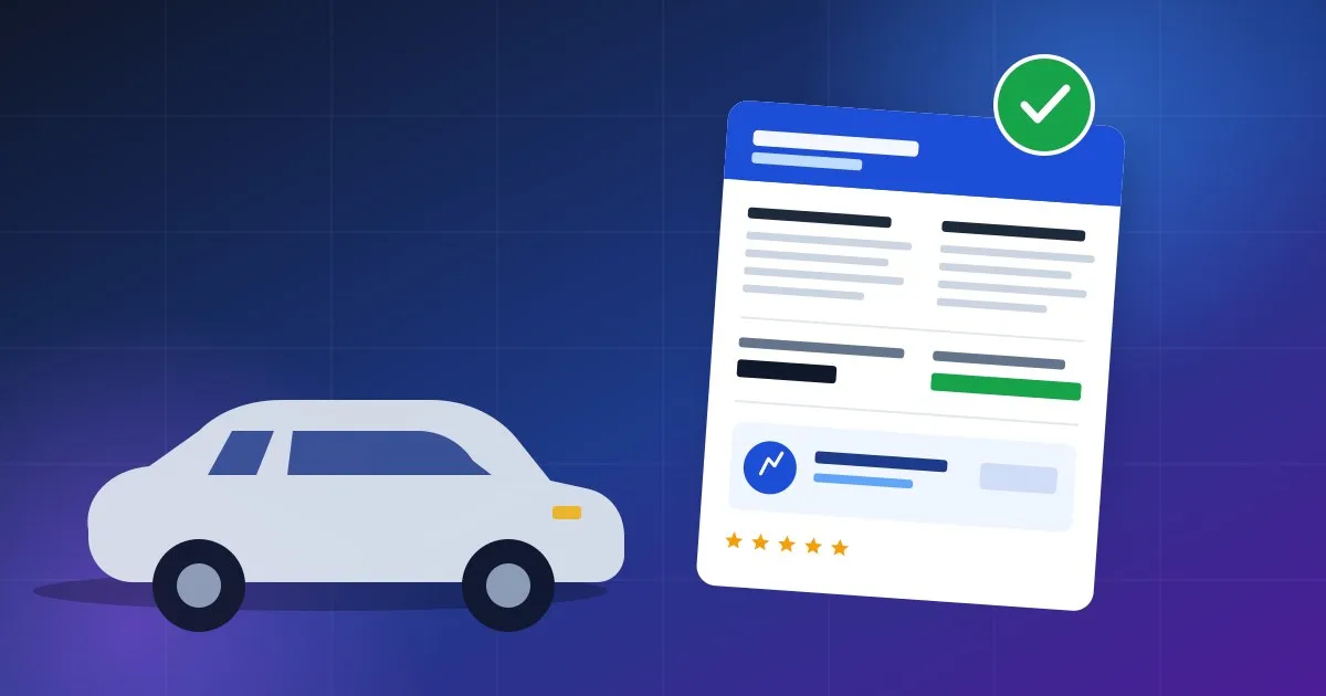 Illustration of a car next to a window sticker document with a verified checkmark, safety ratings, and pricing details