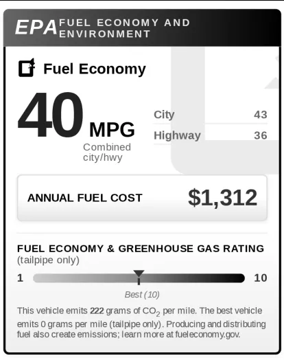 EPA fuel economy rating, from a real generated window sticker