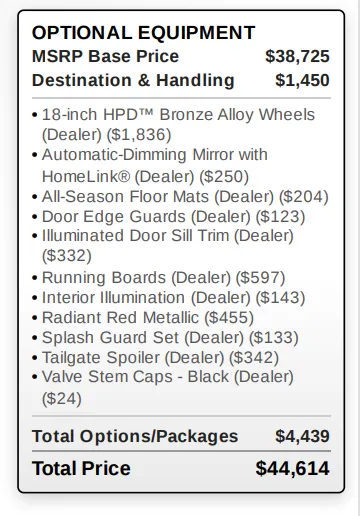 Factory price breakdown, from a real generated window sticker
