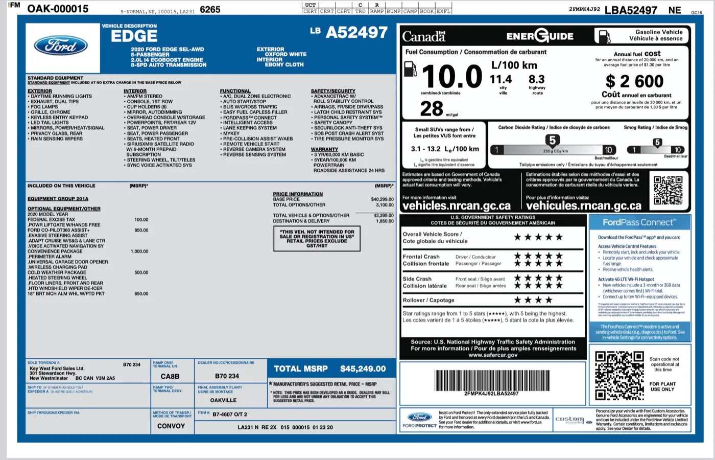 Example vehicle window sticker showing vehicle description, standard equipment, fuel economy, and price information sections